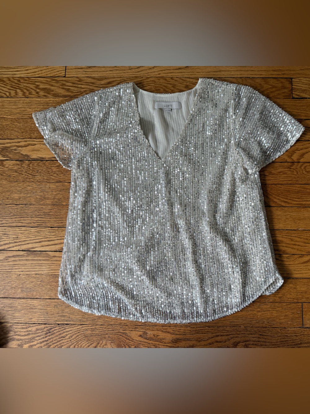 LOFT Silver Sequin V-Neck Short Sleeve Top - Size Small